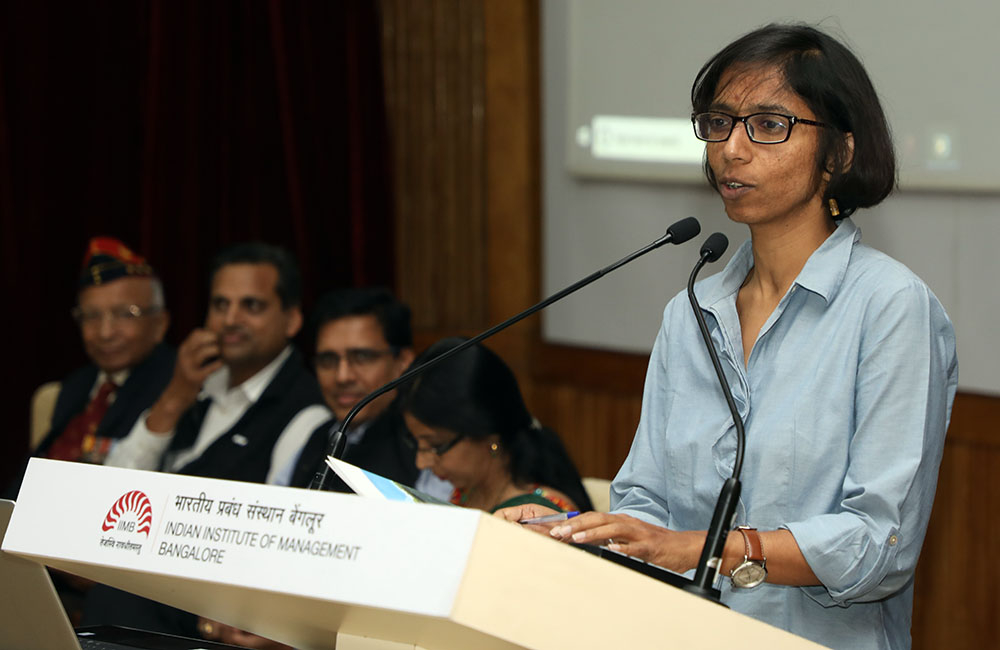 Prof. Hema Swaminathan, Chair, Centre for Public Policy, addresses the gathering at the discussion of the book, ‘Data Sovereignty – The Pursuit of Supremacy’, at IIMB, on August 14, 2019.