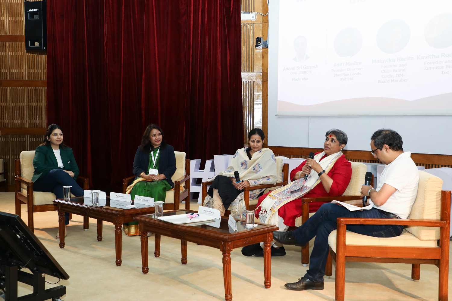 (L-R) Iram Maimuna, Founder of E waste Social Pvt Ltd, Aditi Madan, Founder Director, BluePine Foods Pvt Ltd, Kavitha Iyer Rodrigues, Founder and CEO Zumutor Biologics Inc, Malavika R Harita, Member of the Board of Governor at IIMB, Anand Sri Ganesh, COO, NSRCEL, at the panel discussion on “What do women entrepreneurs bring to the table today?”