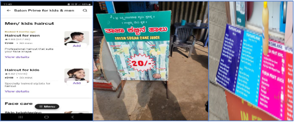 Figure 1: (left) Screen grab from Urban Clap app showing haircut prices, (centre) Sugarcane juice at Rs 20 in Bannerghatta Park, (right) Sugarcane juice at Rs 30 in Bellandur, Bengaluru Urban