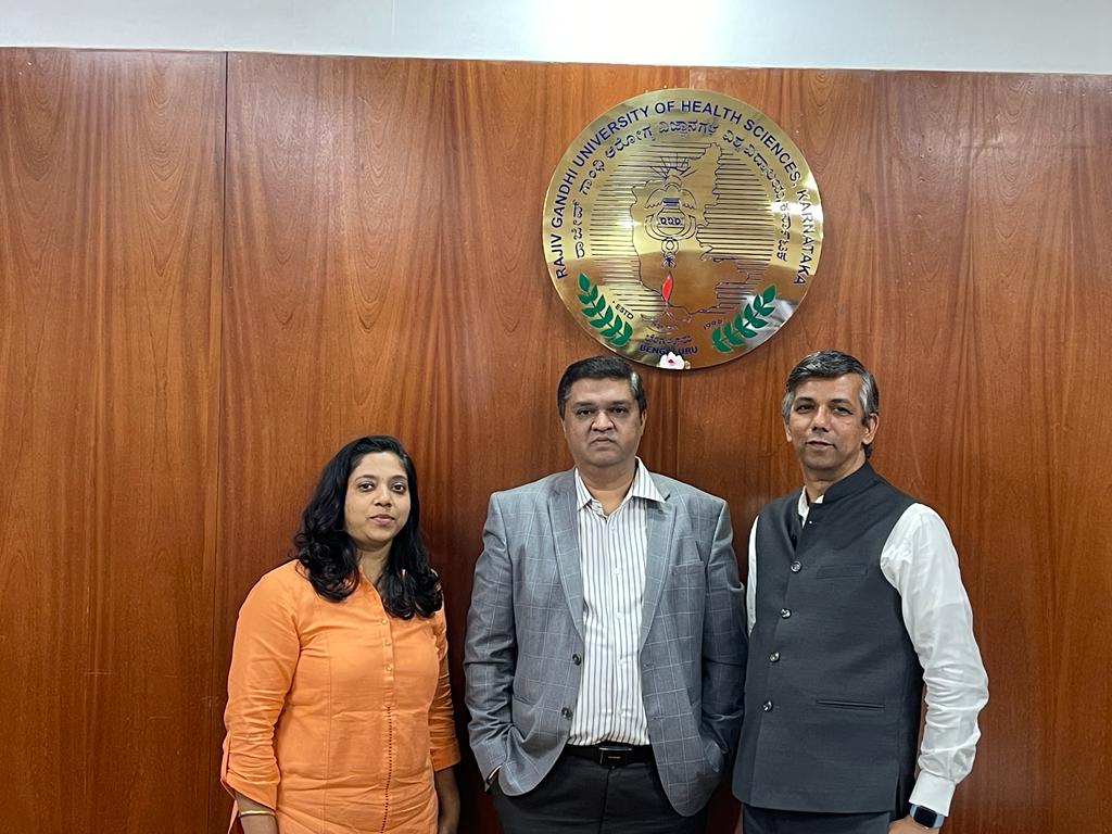 Dr. Basha (center) with his colleagues at Rajiv Gandhi University of Health Sciences, Karnataka.